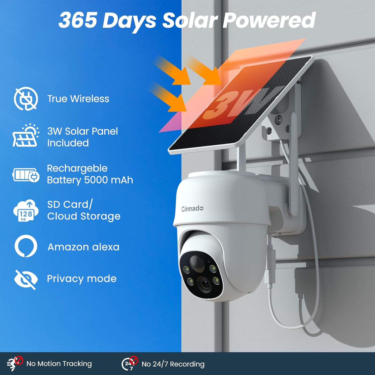 2K Cameras for Home Security-2.4G WiFi Outdoor Camera Wireless Solar/Battery Powered with solar panel, 360° Viewing, AI Human Detection, Color Night Vision, with SD Storage, Works with Alexa(2 Pack) - Image 3